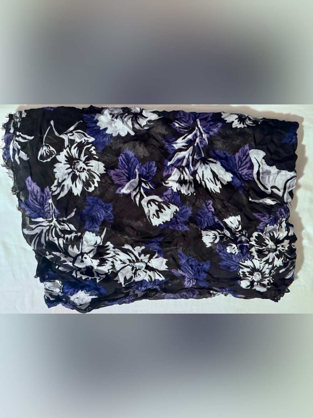 Black Floral Scarf with Purple and White Blooms